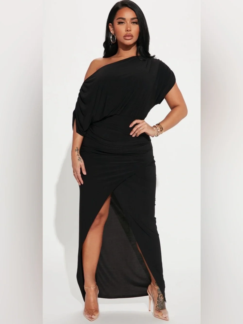 Fashion Nova Black One-Shoulder Ruched Maxi Dress - Picture 1 of 6